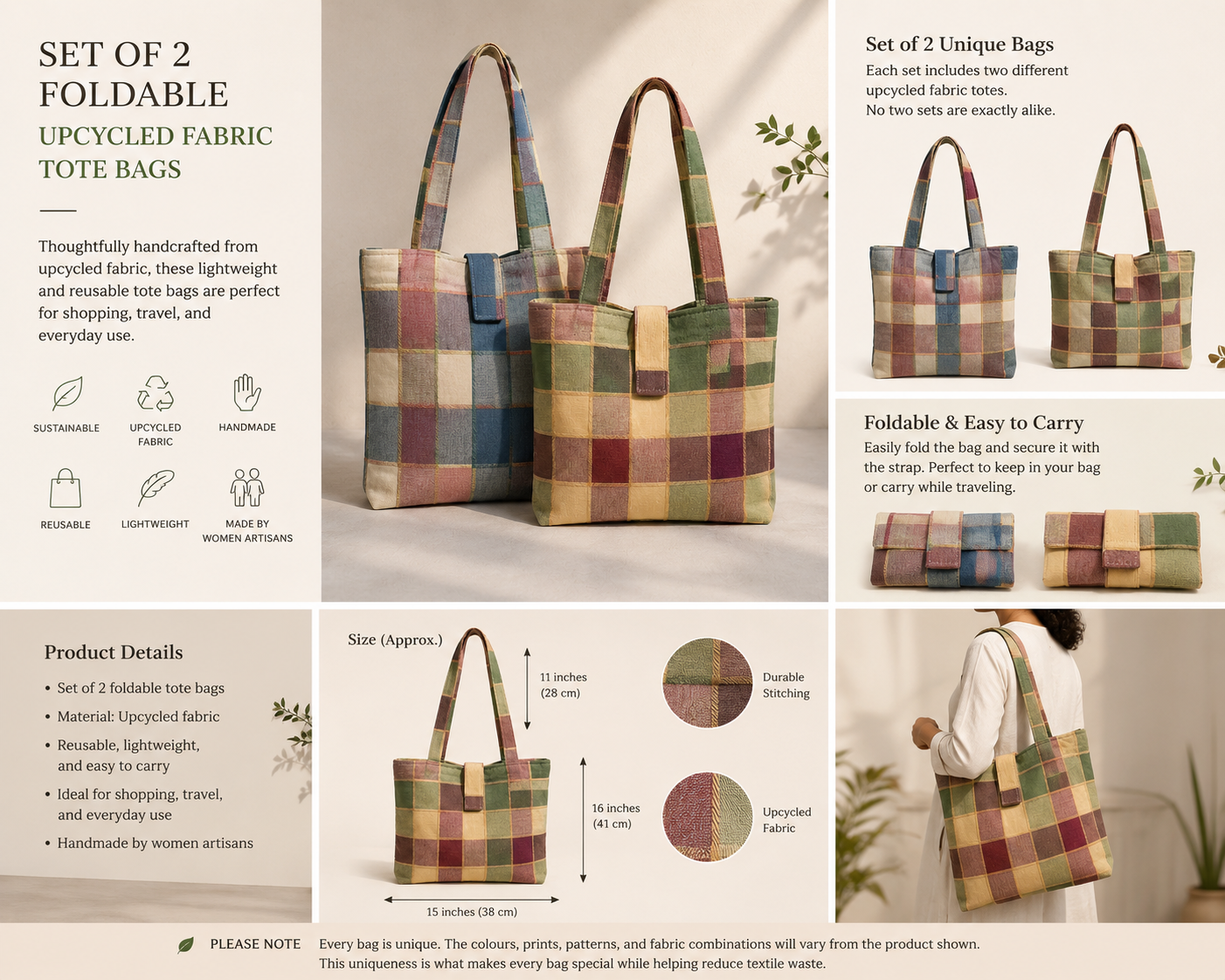 Set of 2 Foldable Upcycled Fabric Tote Bags | Handmade & Eco-Friendly
