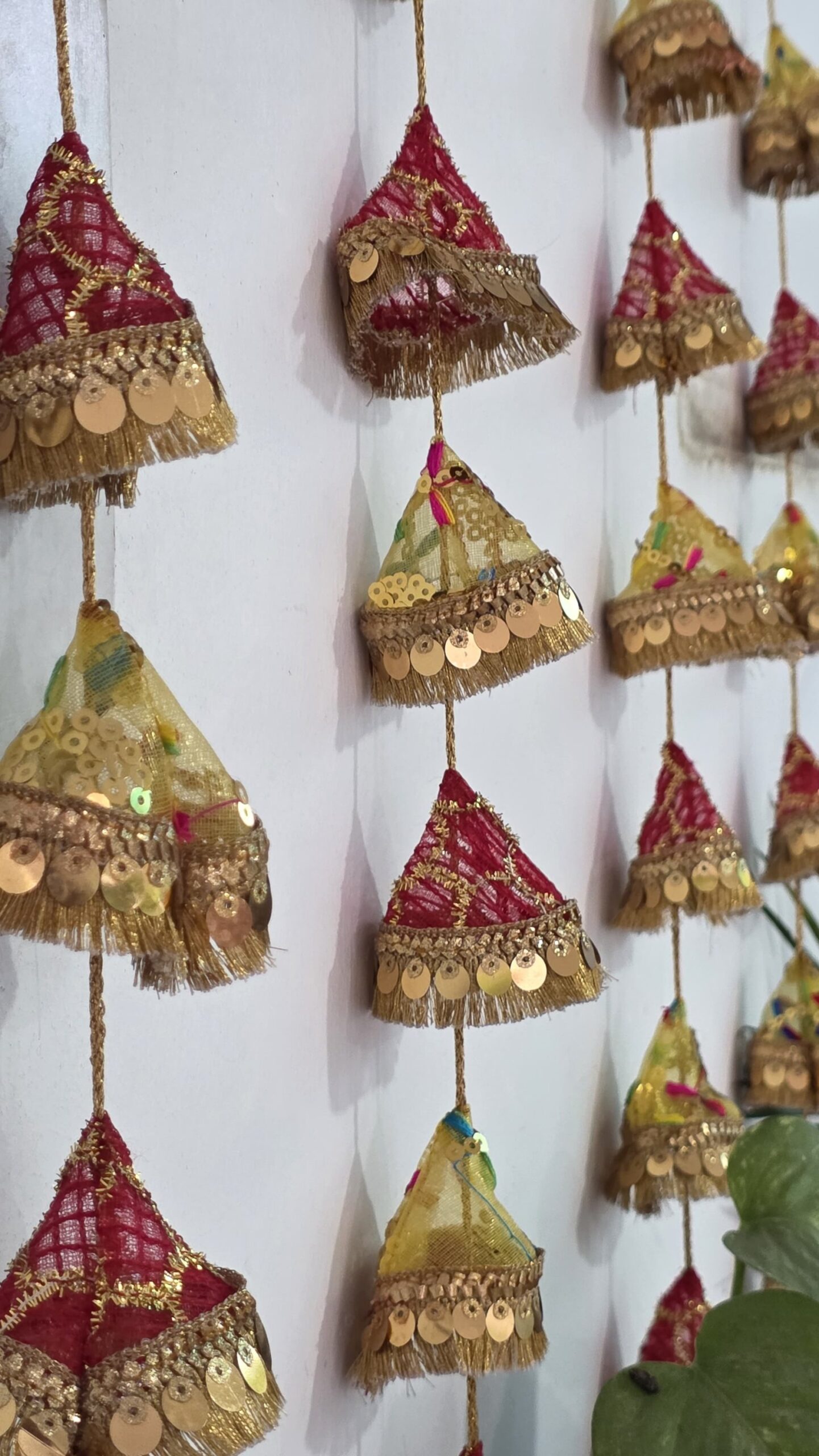 Gangasutra Bell Shape Latkan – Haldi Kumkum Collection (Set of 4) | Handmade Upcycled Holy Cloth Hanging Decor - Image 4