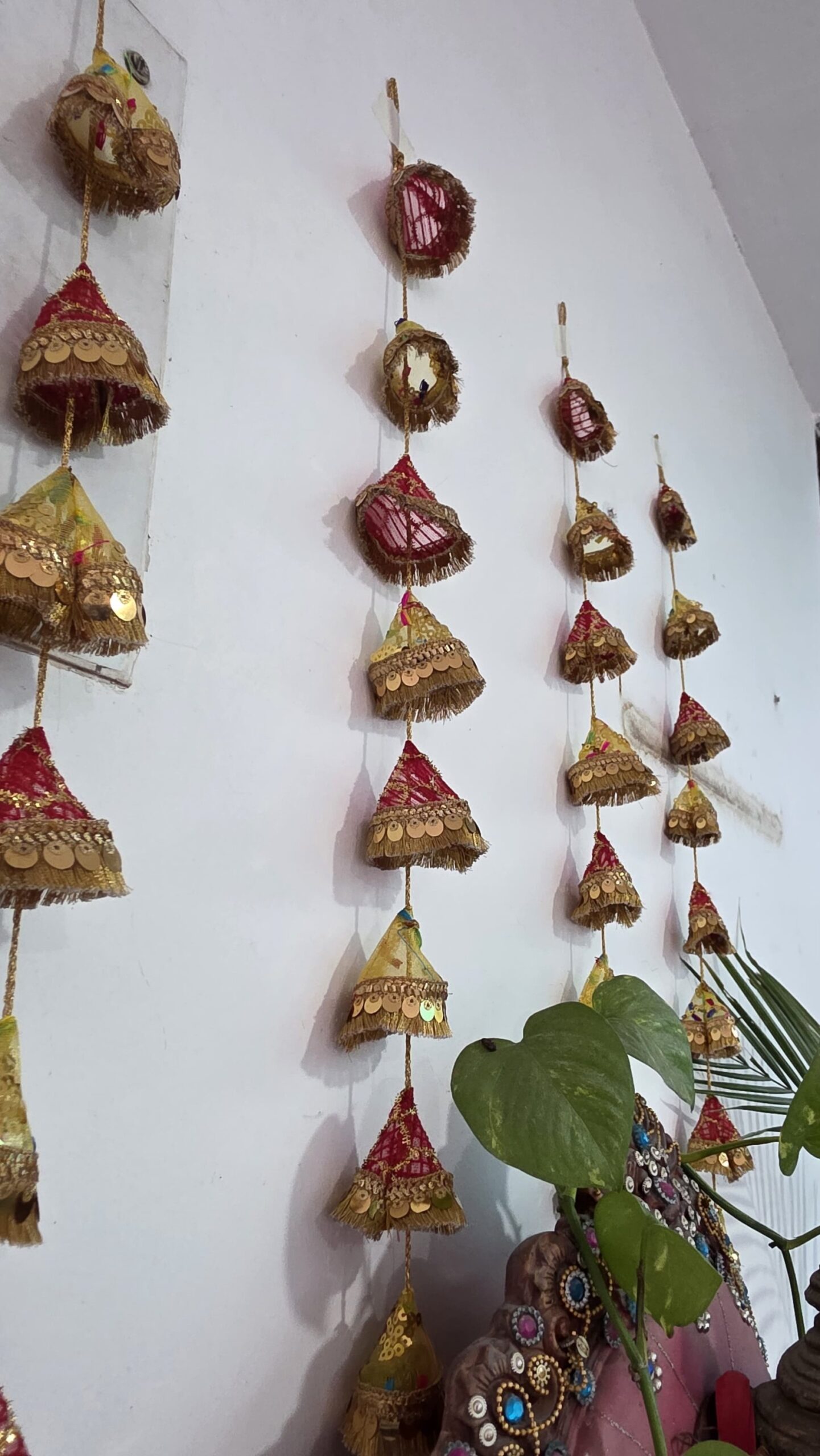 Gangasutra Bell Shape Latkan – Haldi Kumkum Collection (Set of 4) | Handmade Upcycled Holy Cloth Hanging Decor - Image 8