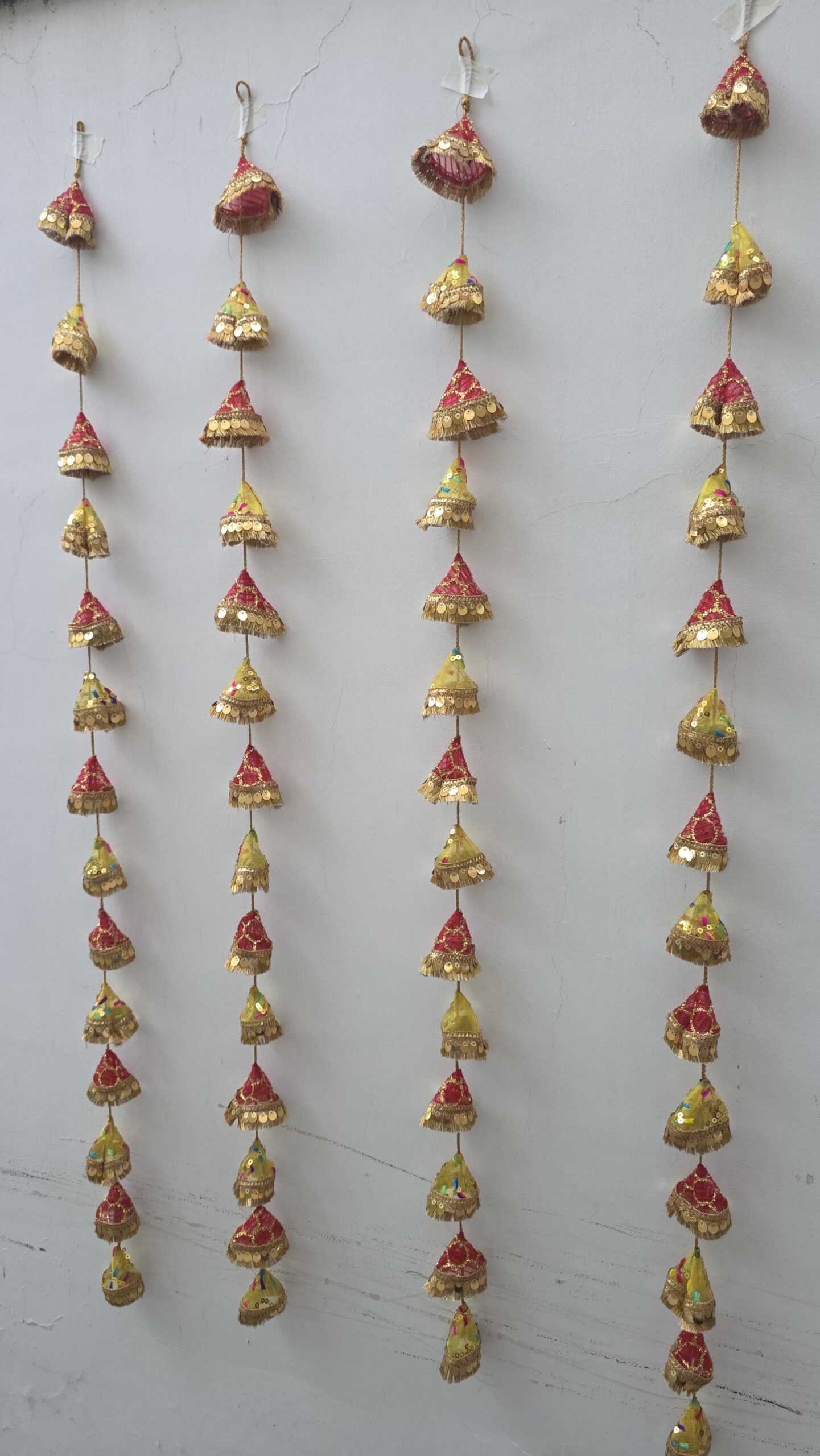 Gangasutra Bell Shape Latkan – Haldi Kumkum Collection (Set of 4) | Handmade Upcycled Holy Cloth Hanging Decor - Image 6