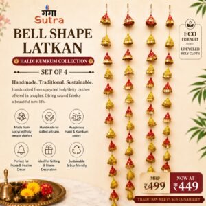 Gangasutra Bell Shape Latkan – Haldi Kumkum Collection (Set of 4) | Handmade Upcycled Holy Cloth Hanging Decor