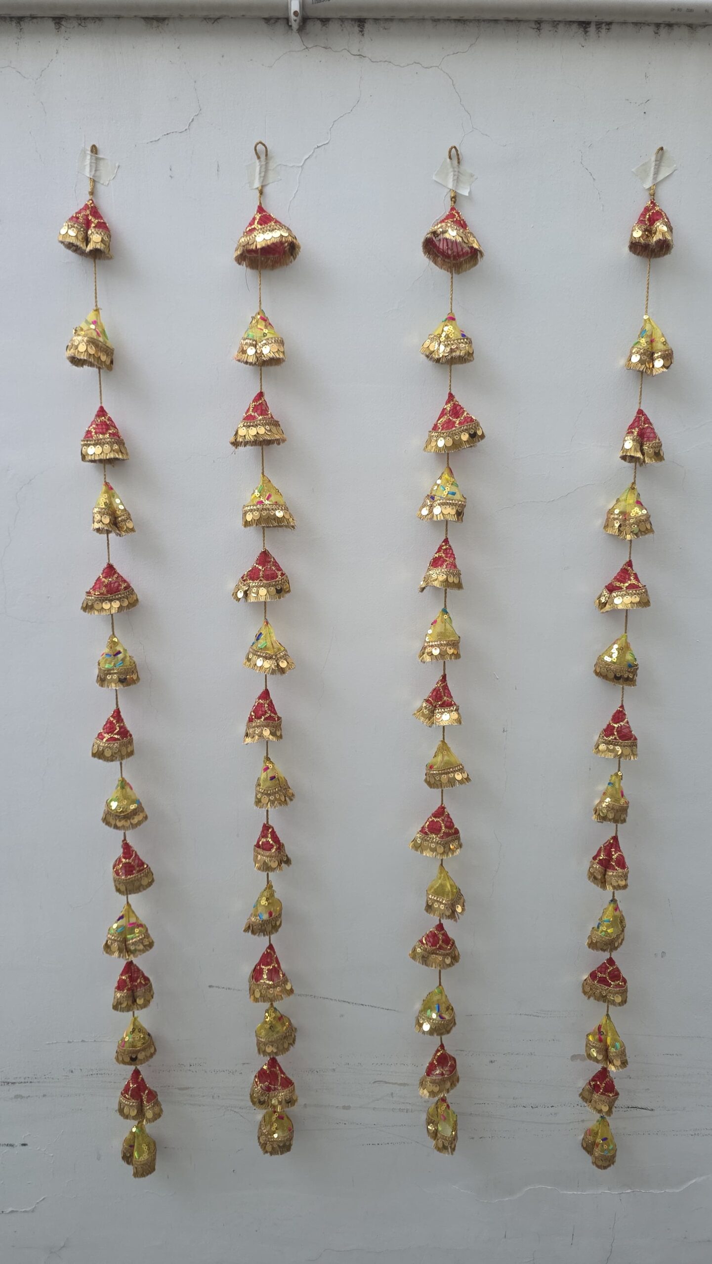 Gangasutra Bell Shape Latkan – Haldi Kumkum Collection (Set of 4) | Handmade Upcycled Holy Cloth Hanging Decor - Image 3