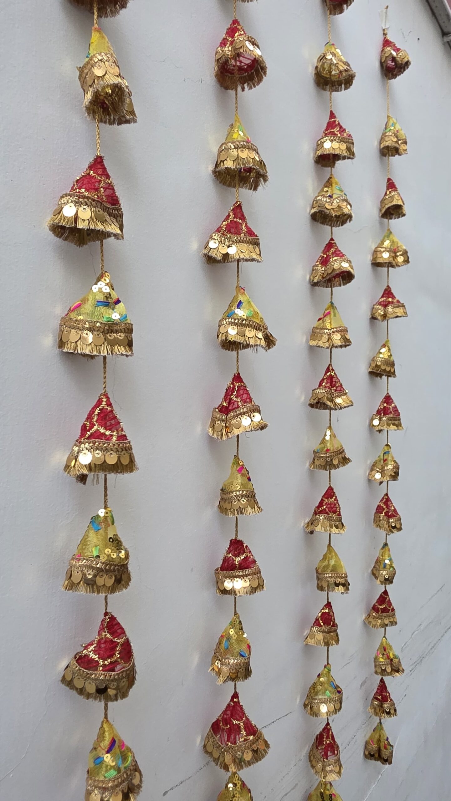 Gangasutra Bell Shape Latkan – Haldi Kumkum Collection (Set of 4) | Handmade Upcycled Holy Cloth Hanging Decor - Image 2